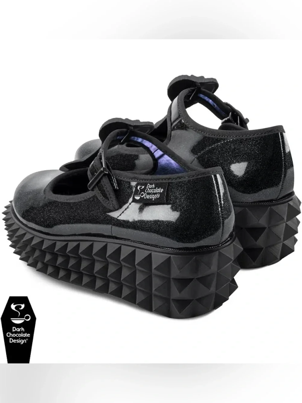Choclaticas Black Cobra Patent Platform Mary Janes with Geometric Stud Sole
